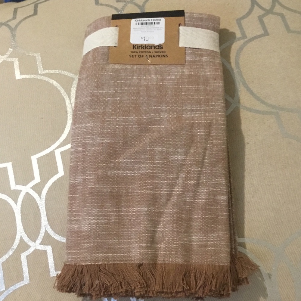 NWT Kirklands Brown Morgan Fringe Bronze Woven 100% Cotton Napkins